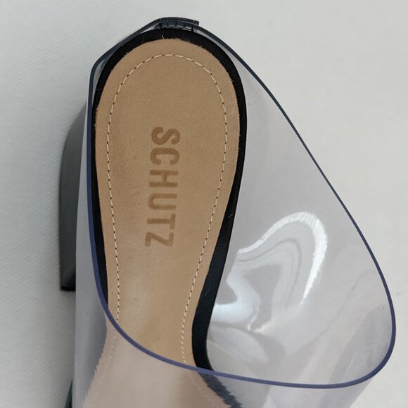 New in Box Schutz Raira Black Leather/Transparent Block Heel Slide Sandals - Picture 5 of 12